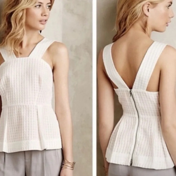 Maeve Tops - Maeve‎ Anthropologie Basket Weave Grid & Peach Peplum Tank Top 0P